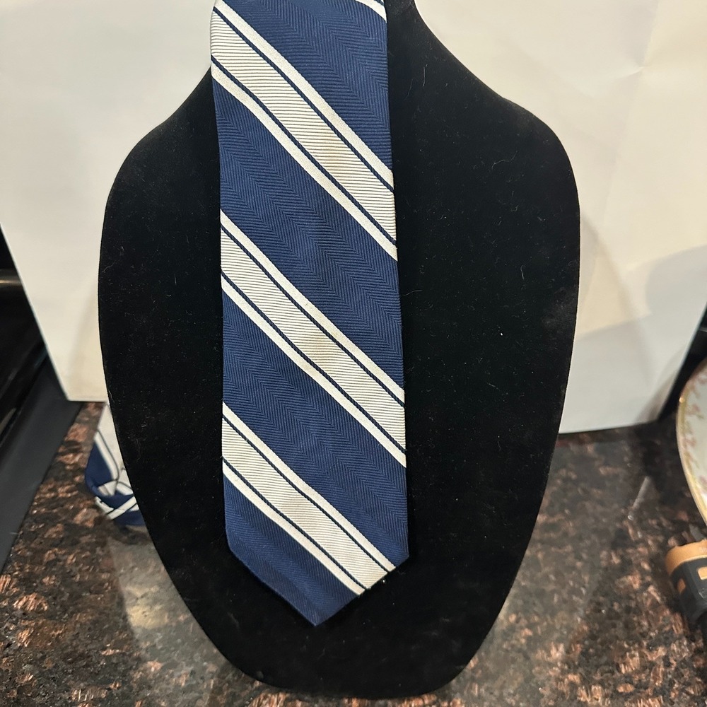 Carroll and Company Striped Blue White Blanford Imperial Twill Formal Neck Tie